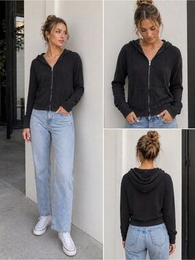 Roots Waffle Knit Zip-Up Hoodie - Black - fits as a Womens XS, YOUTH XL